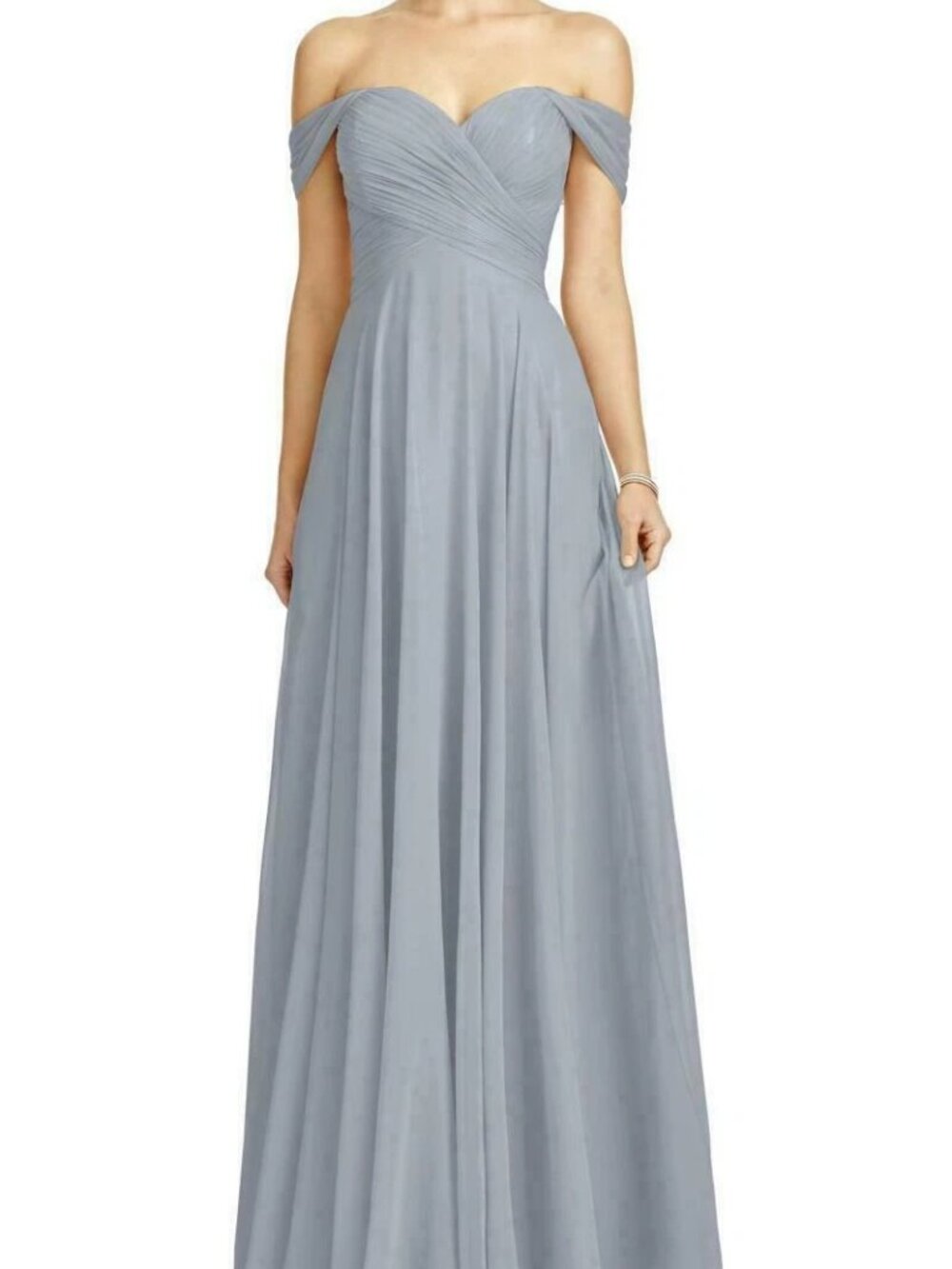 Dessy Vivian Diamond 2970 Platinum Lux Off the Shoulder Chiffon Gown Size 0